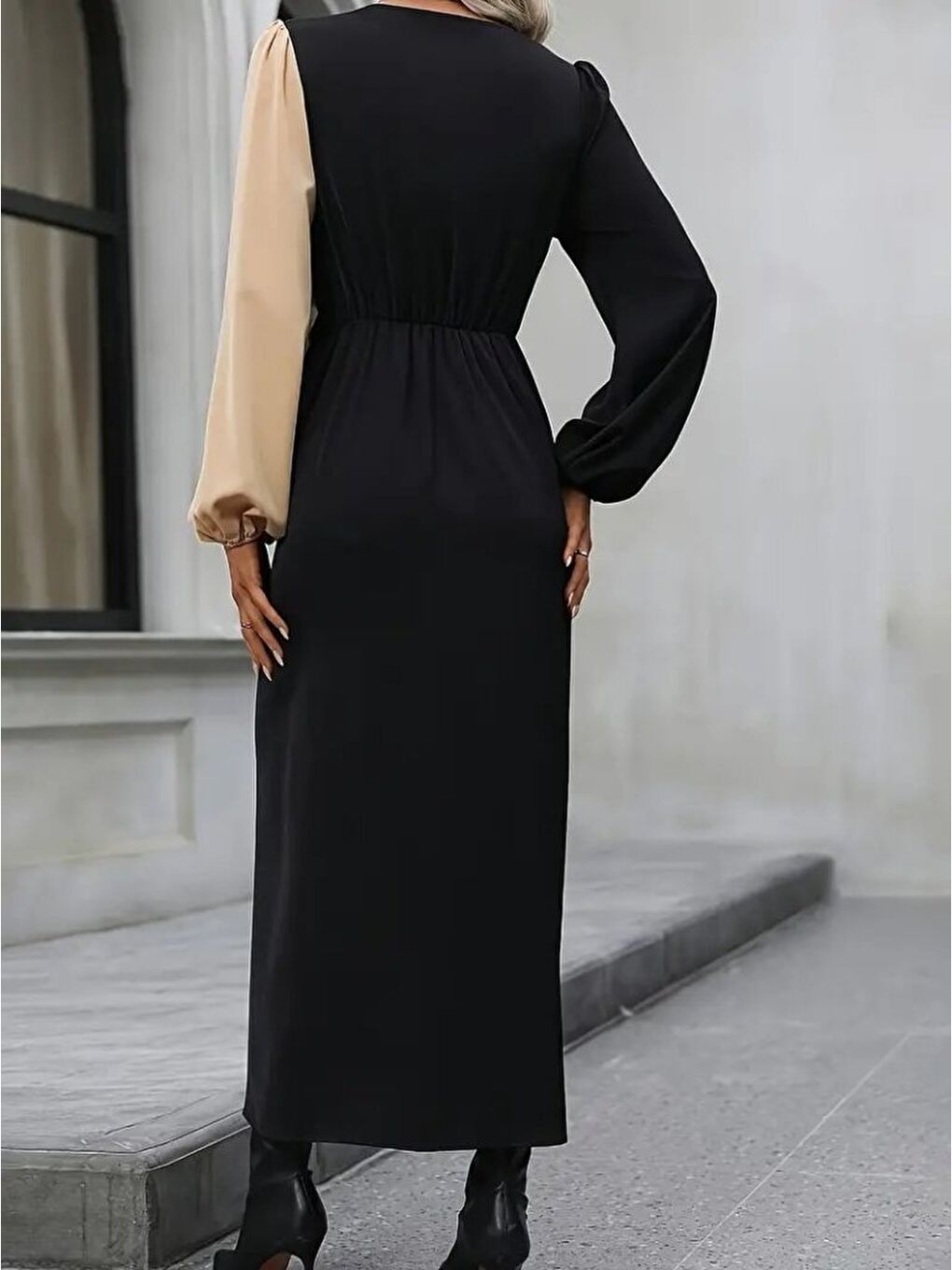 Bej Kadın Uzun Kollu Kruvaze Yakalı Belden çapraz Detaylı çift Renkli Midi Ithal Krep Elbise-4