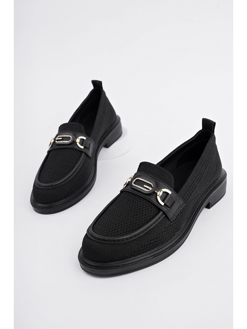 Siyah SAKURA Metal Tokalı Triko Kadın Loafer Günlük Makosen Ayakkabı-1