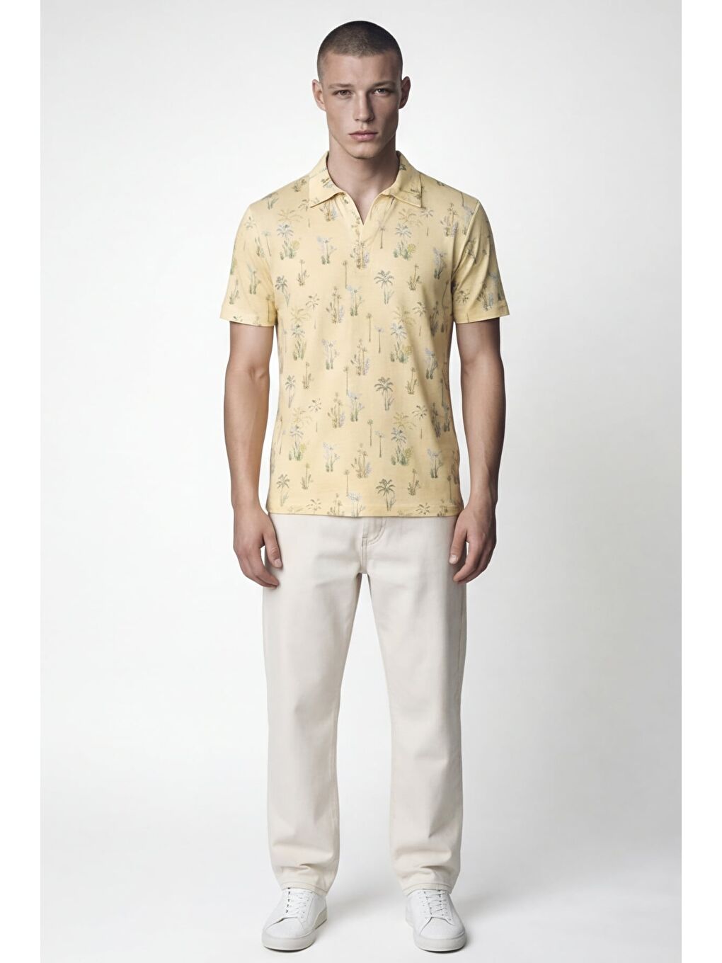 Giotelli Erkek Sarı Dar Kesim Slim Fit Dokuma Desenli Kısa Kollu Polo Yaka Tişört-1