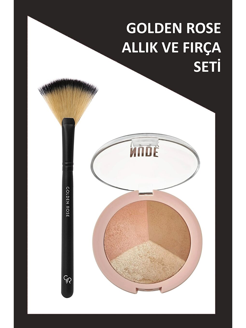 Fan Brush - Yelpaze Fırça ve Nude Look Baked Trio Face Powder - Allık Bronzlaştırıcı Aydınlatıcı Set