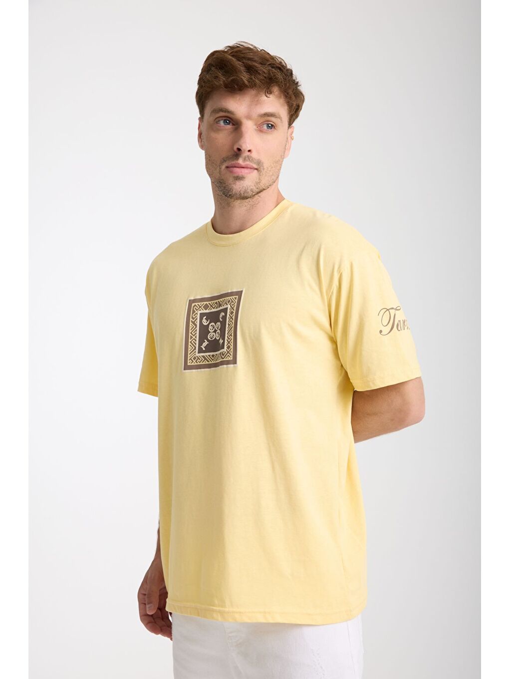 Erkek Sarı Cool Ön Ve Arka Baskılı Oversize Bisiklet Yaka Tişört-2