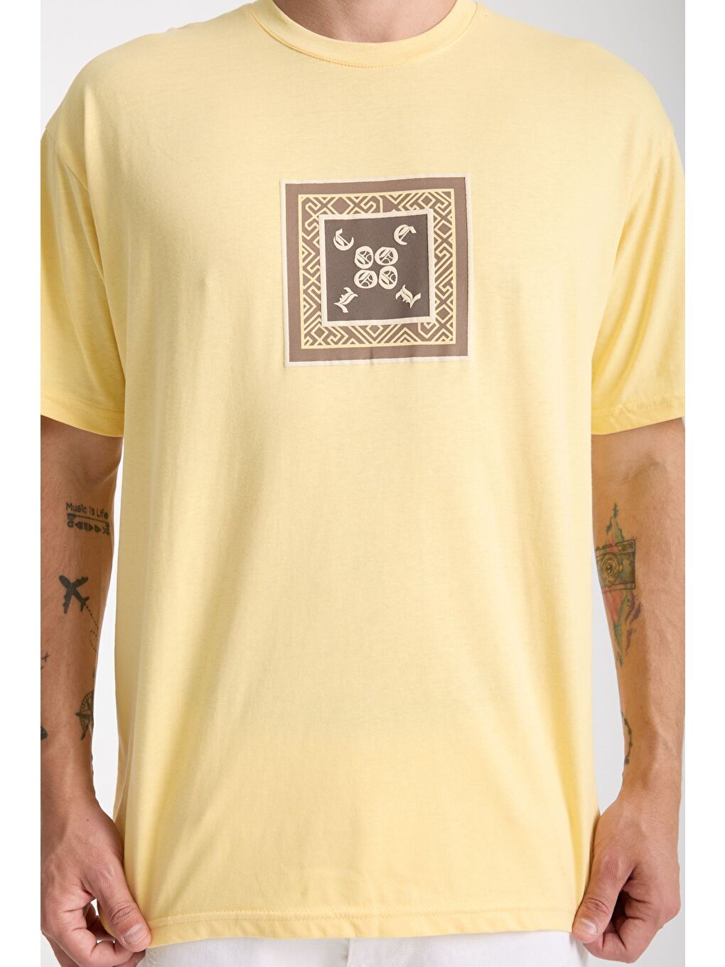 Erkek Sarı Cool Ön Ve Arka Baskılı Oversize Bisiklet Yaka Tişört-4