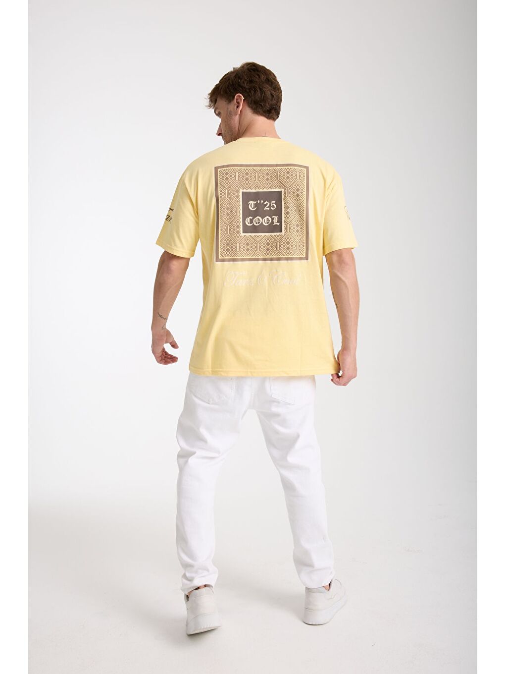 Erkek Sarı Cool Ön Ve Arka Baskılı Oversize Bisiklet Yaka Tişört-6