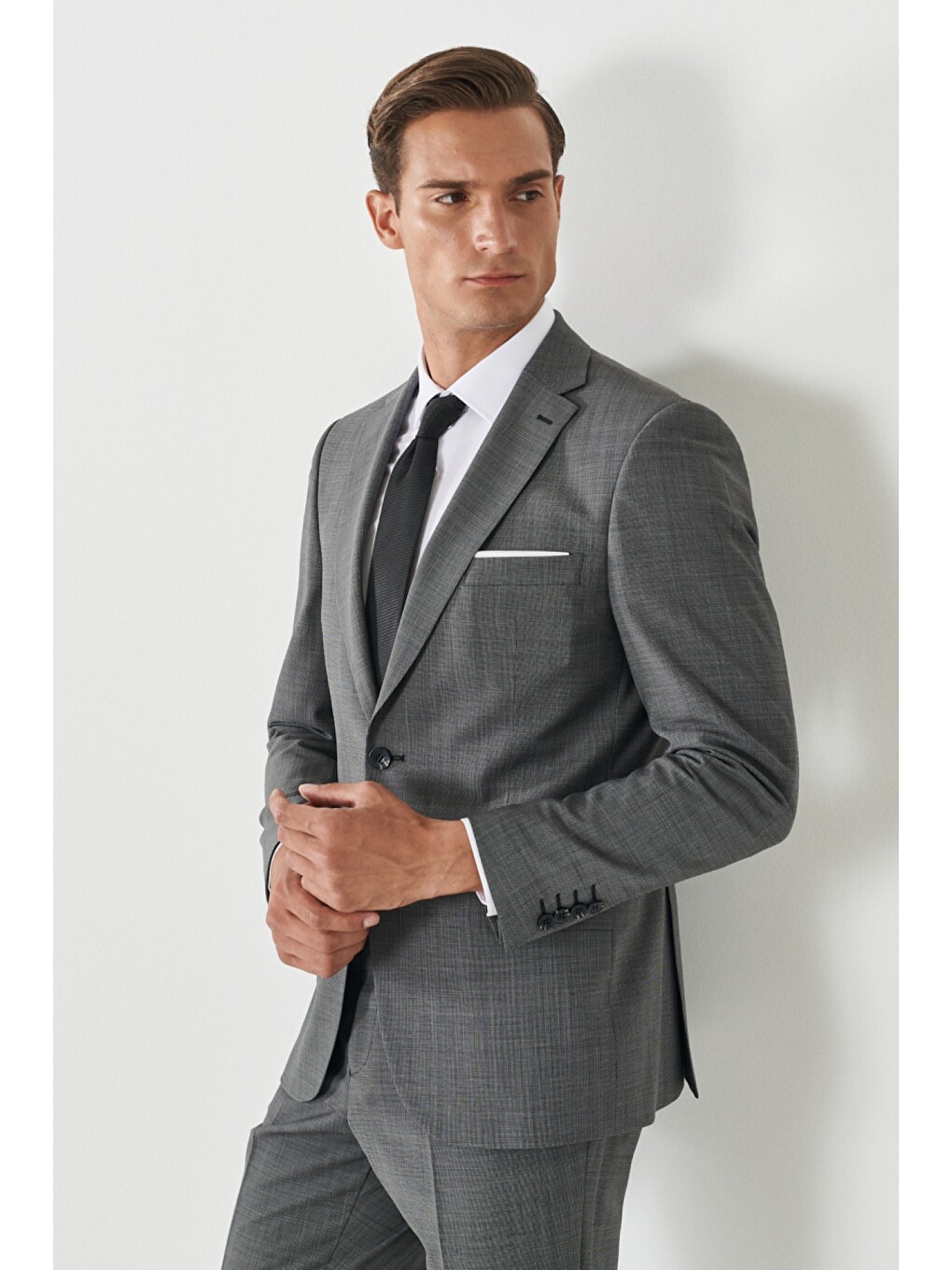 Erkek Siyah-gri Slim Fit Dar Kesim Mono Yaka Desenli Takım Elbise-3