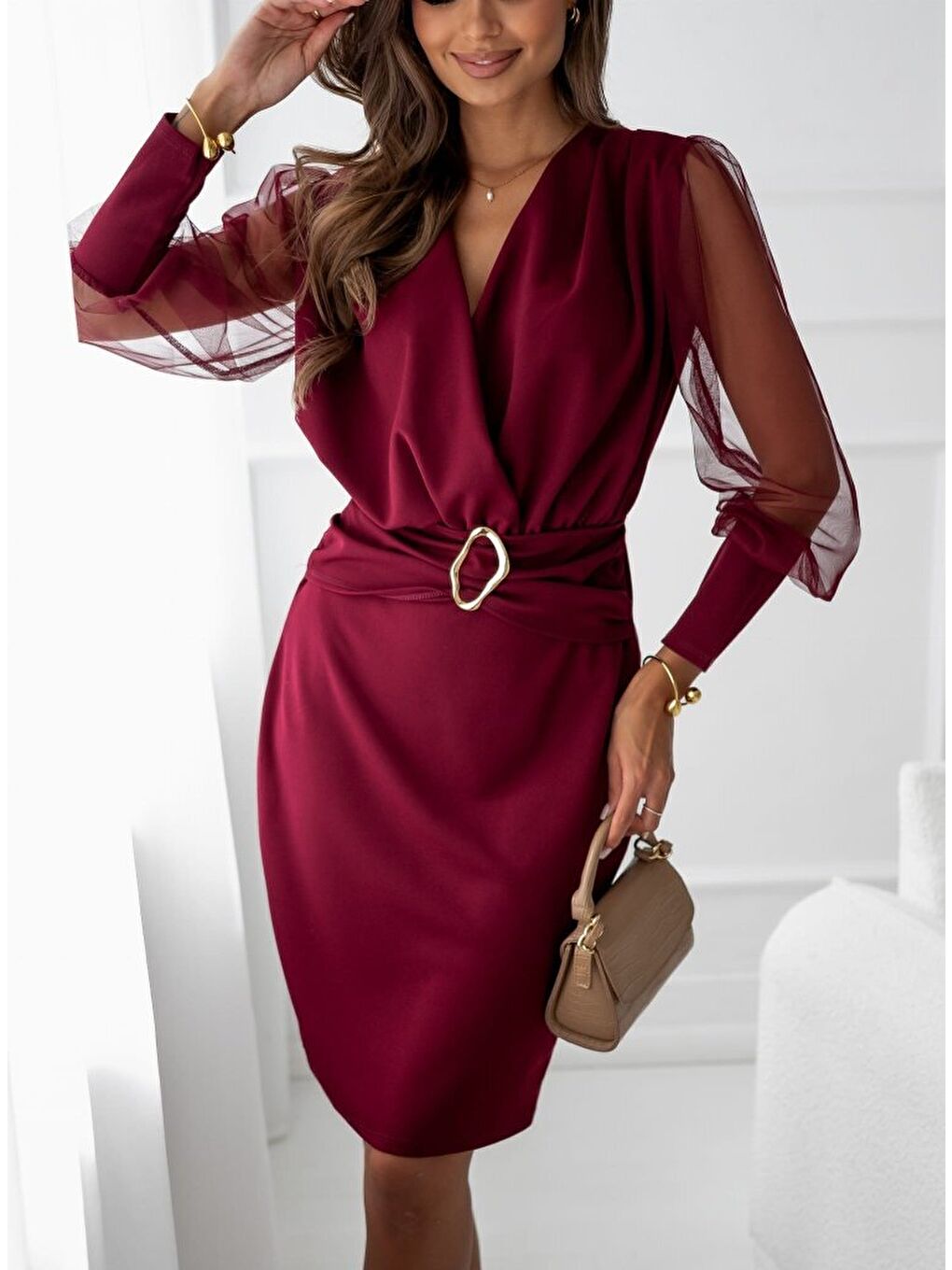 Bordo Kadın Uzun Kollu Kruvaze Yakalı Belden Kemerli Mini Ithal Krep Elbise-3