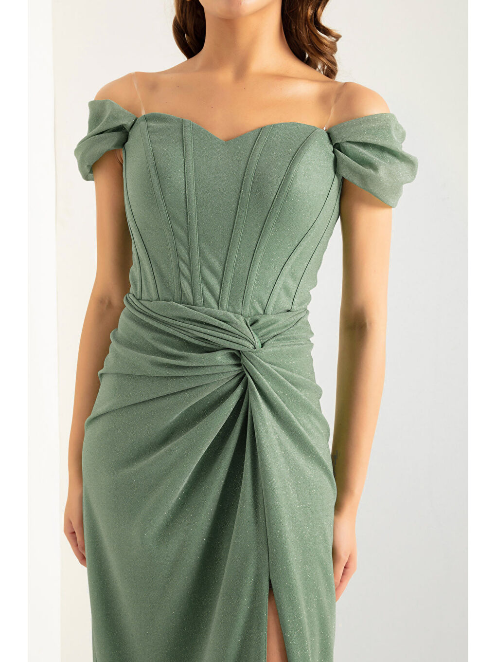 Kadın Mint Yeşili Kruvaze Astarlı Korse Detaylı Uzun Simli Abiye-2