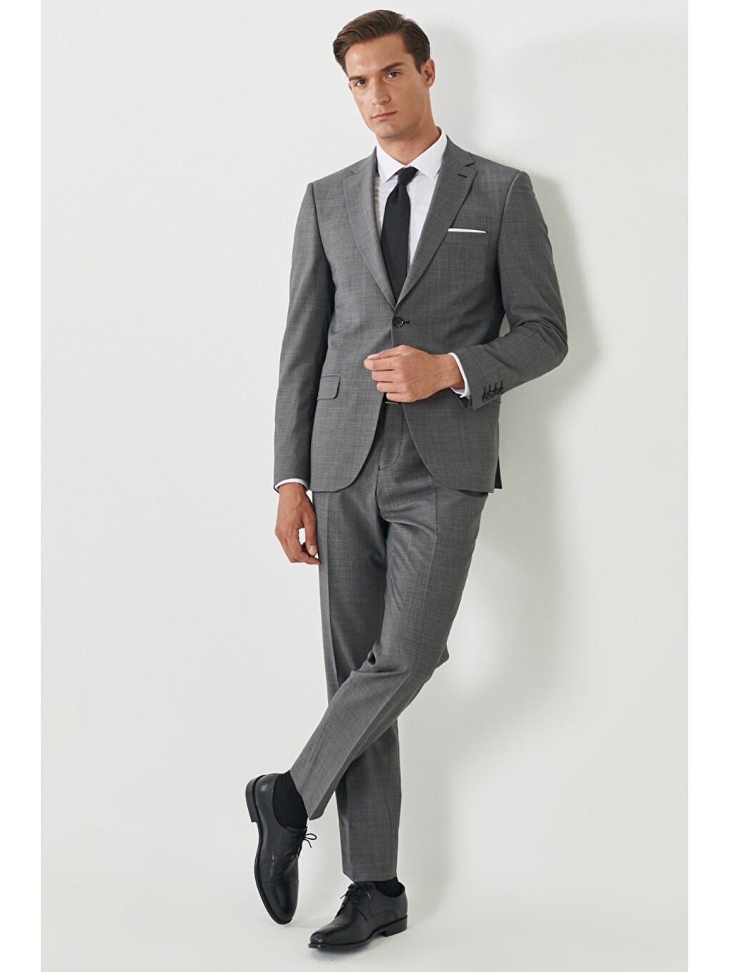 Erkek Siyah-gri Slim Fit Dar Kesim Mono Yaka Desenli Takım Elbise-4