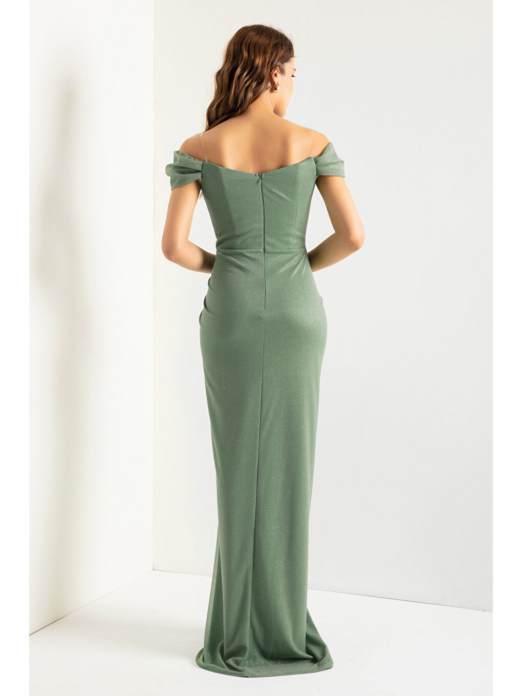 Kadın Mint Yeşili Kruvaze Astarlı Korse Detaylı Uzun Simli Abiye-4