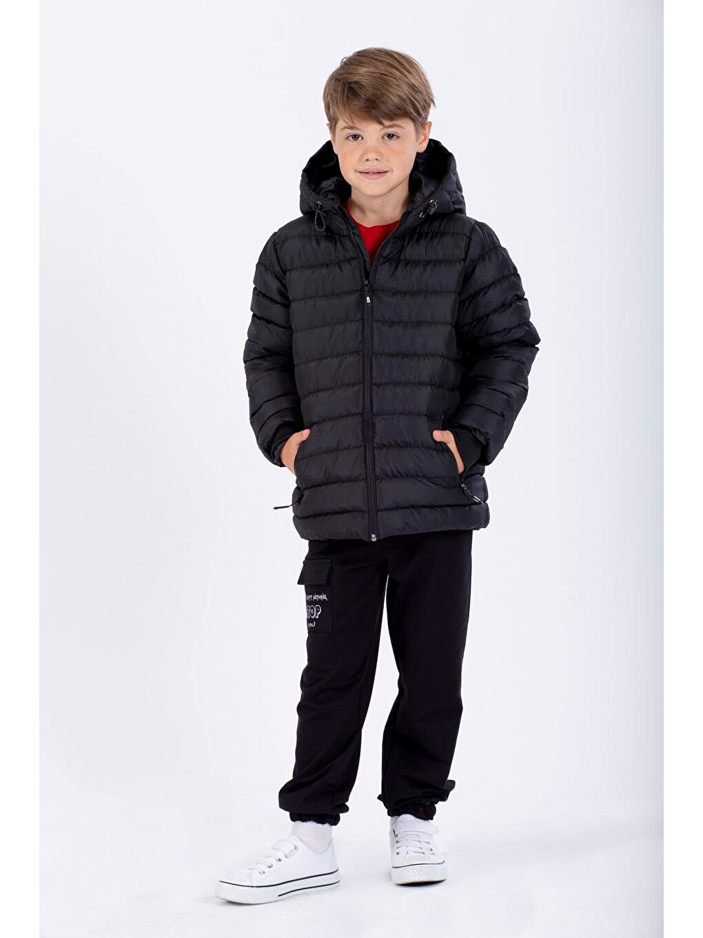 Kapüşonlu Uzun Kol Fermuarlı Siyah Renk Erkek Çocuk Mont