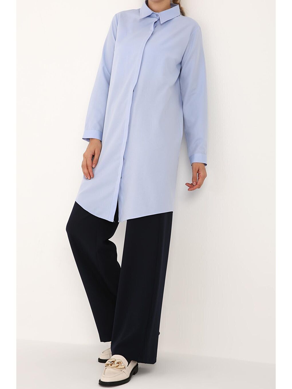 Mavi Gizli Patlı Gömlek Tunik