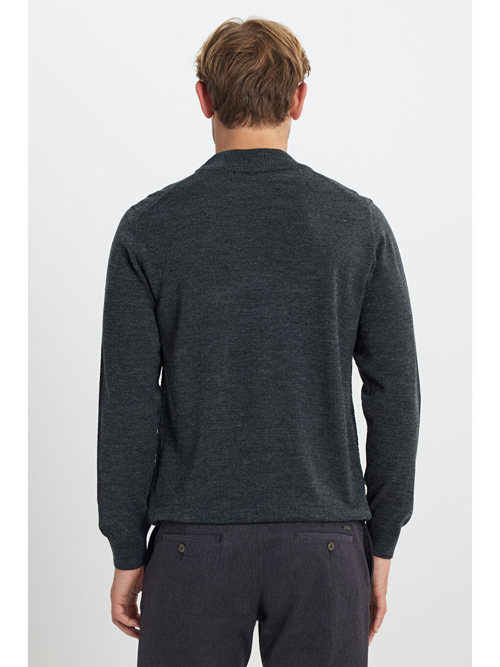 Erkek Antrasit-Melanj Yünlü Sıcak Tutan Standart Fit Yarım Balıkçı Yaka Petek Dokulu Triko Kazak-4