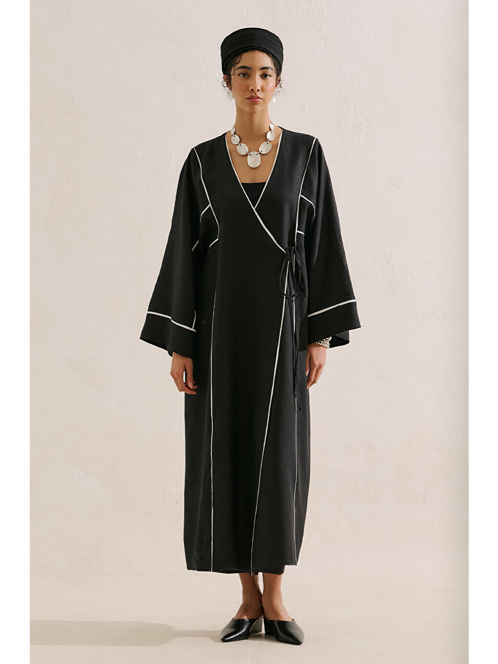 Keten Tasarım Bağlamalı Kimono Siyah-1