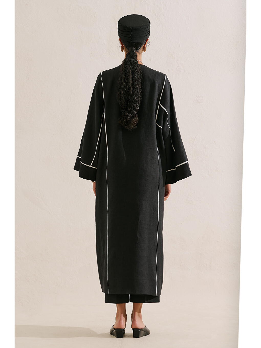 Keten Tasarım Bağlamalı Kimono Siyah-4