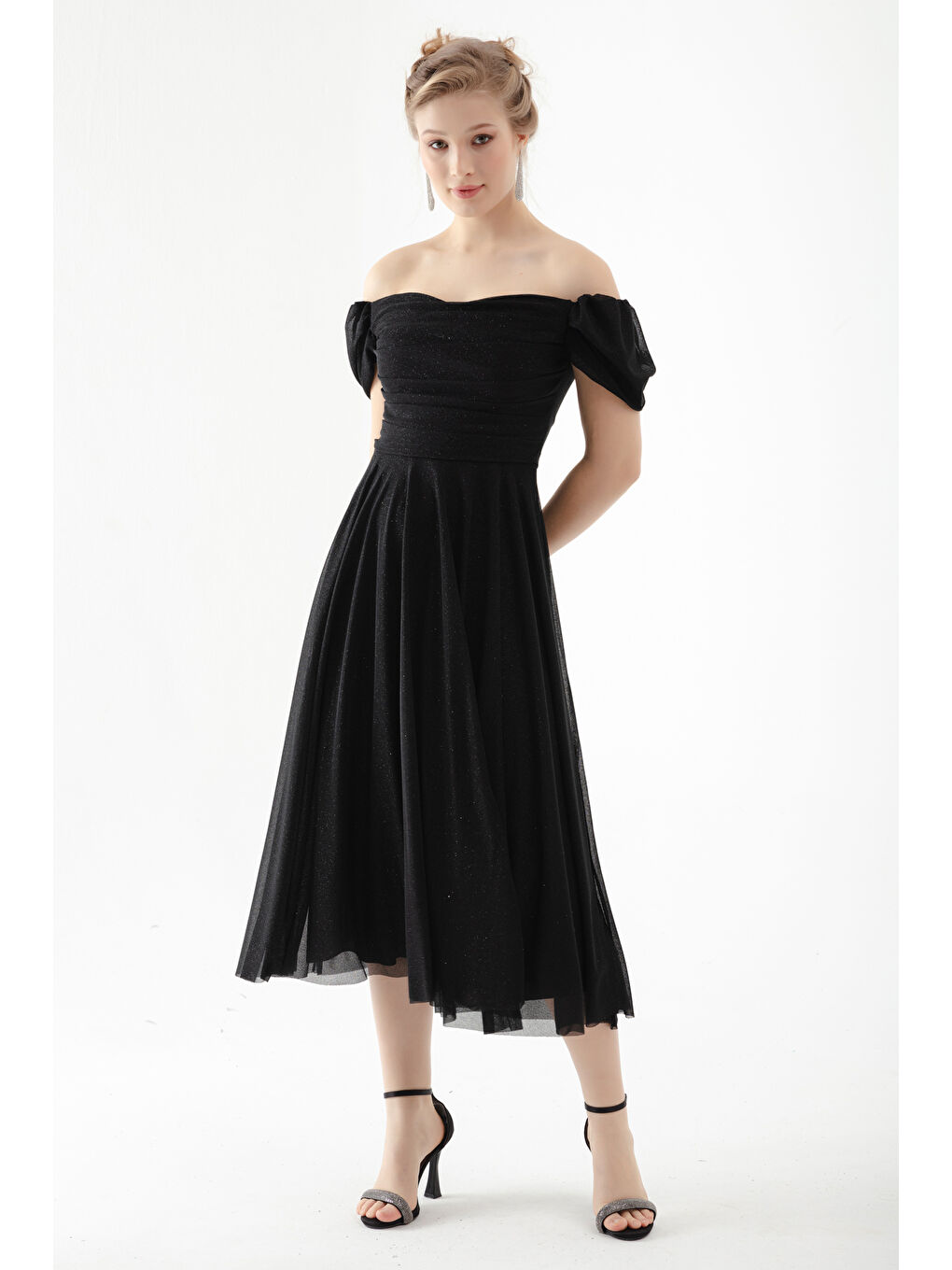 Kadın Siyah Kayık Yaka Drapeli Midi Kloş Abiye Elbise-1