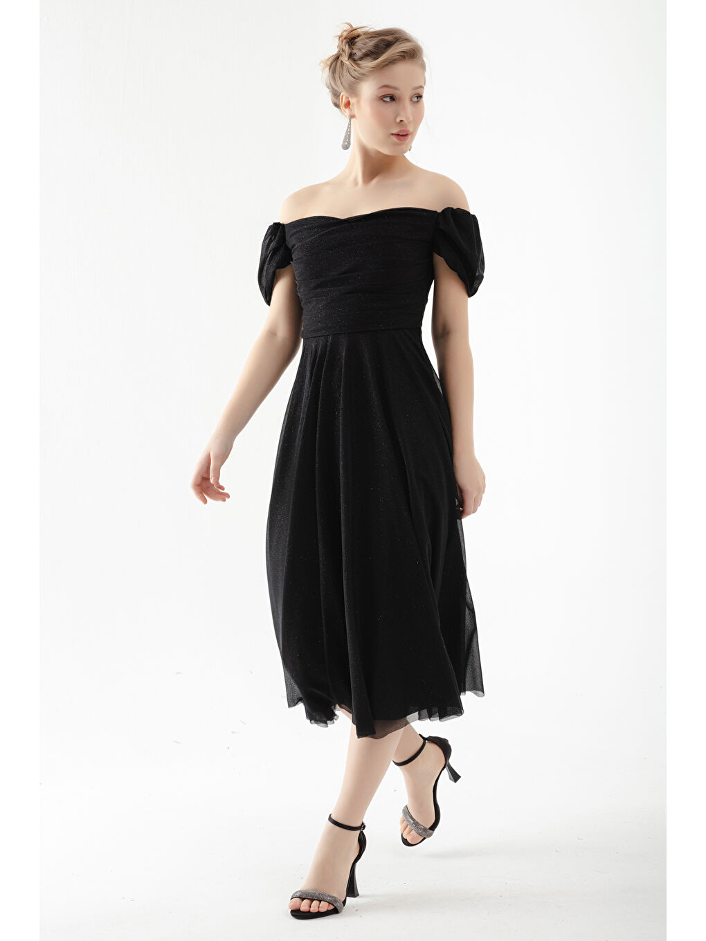 Kadın Siyah Kayık Yaka Drapeli Midi Kloş Abiye Elbise-2