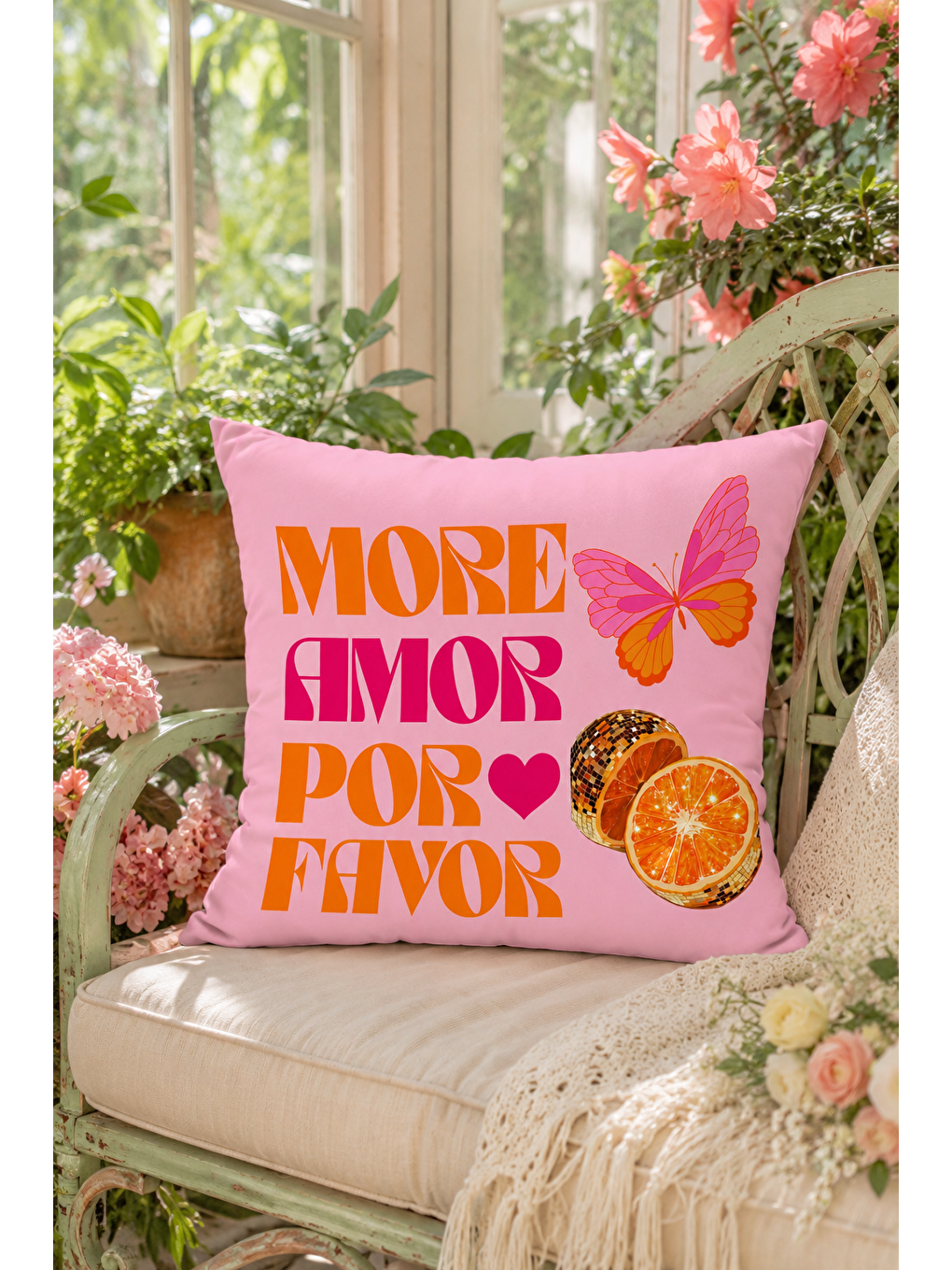 Fuşya More Amor Por Favor Pembe Kelebek Desenli Dekoratif Kırlent Kılıfı Yazlık 43x43 Cm-1