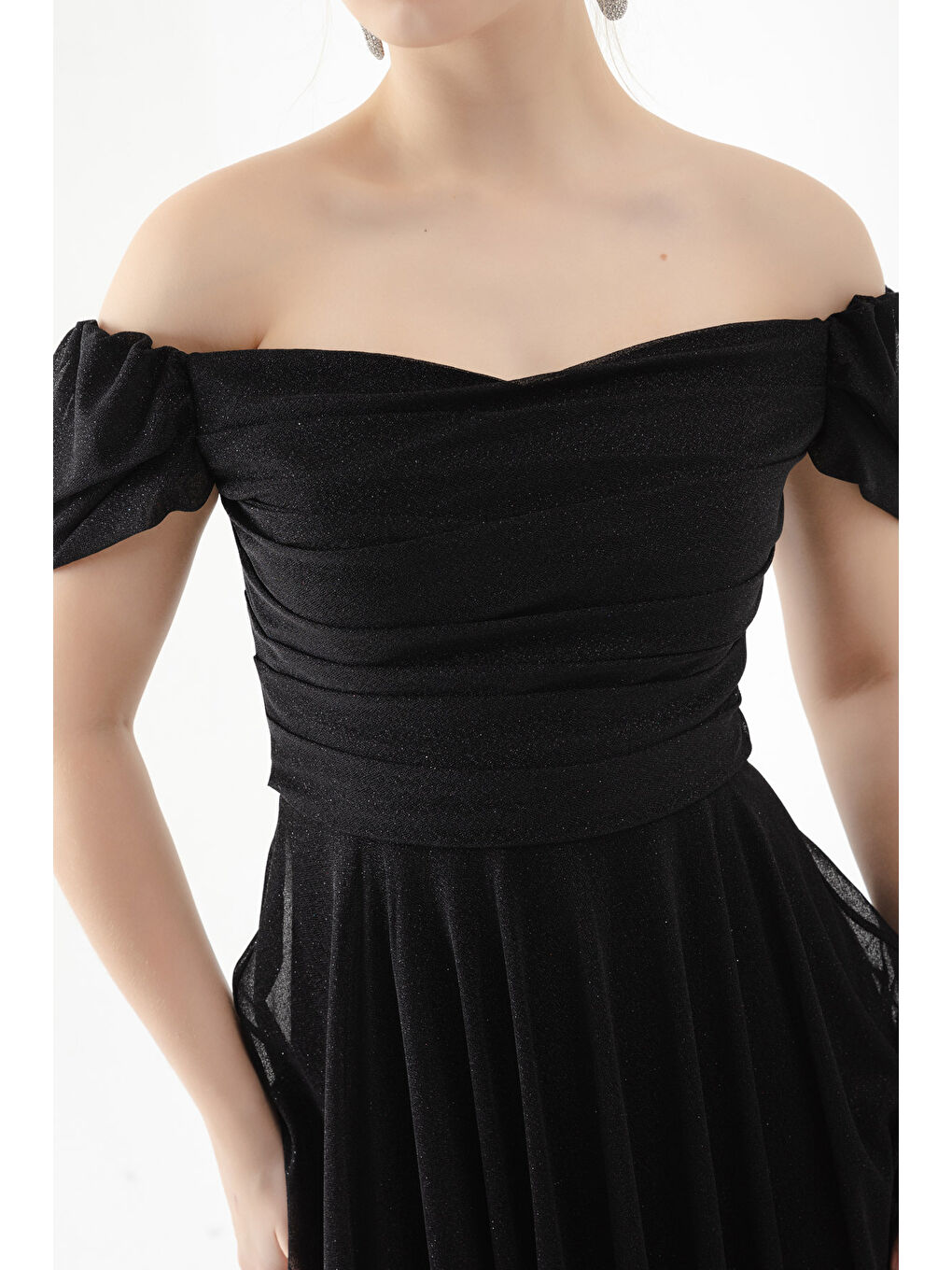 Kadın Siyah Kayık Yaka Drapeli Midi Kloş Abiye Elbise-3