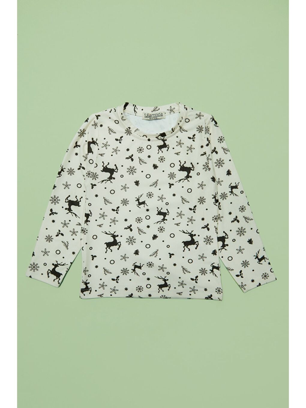 Ekru Kar Tanesi Ve Geyik Desenli Unisex Çocuk Pijama Takımı-3