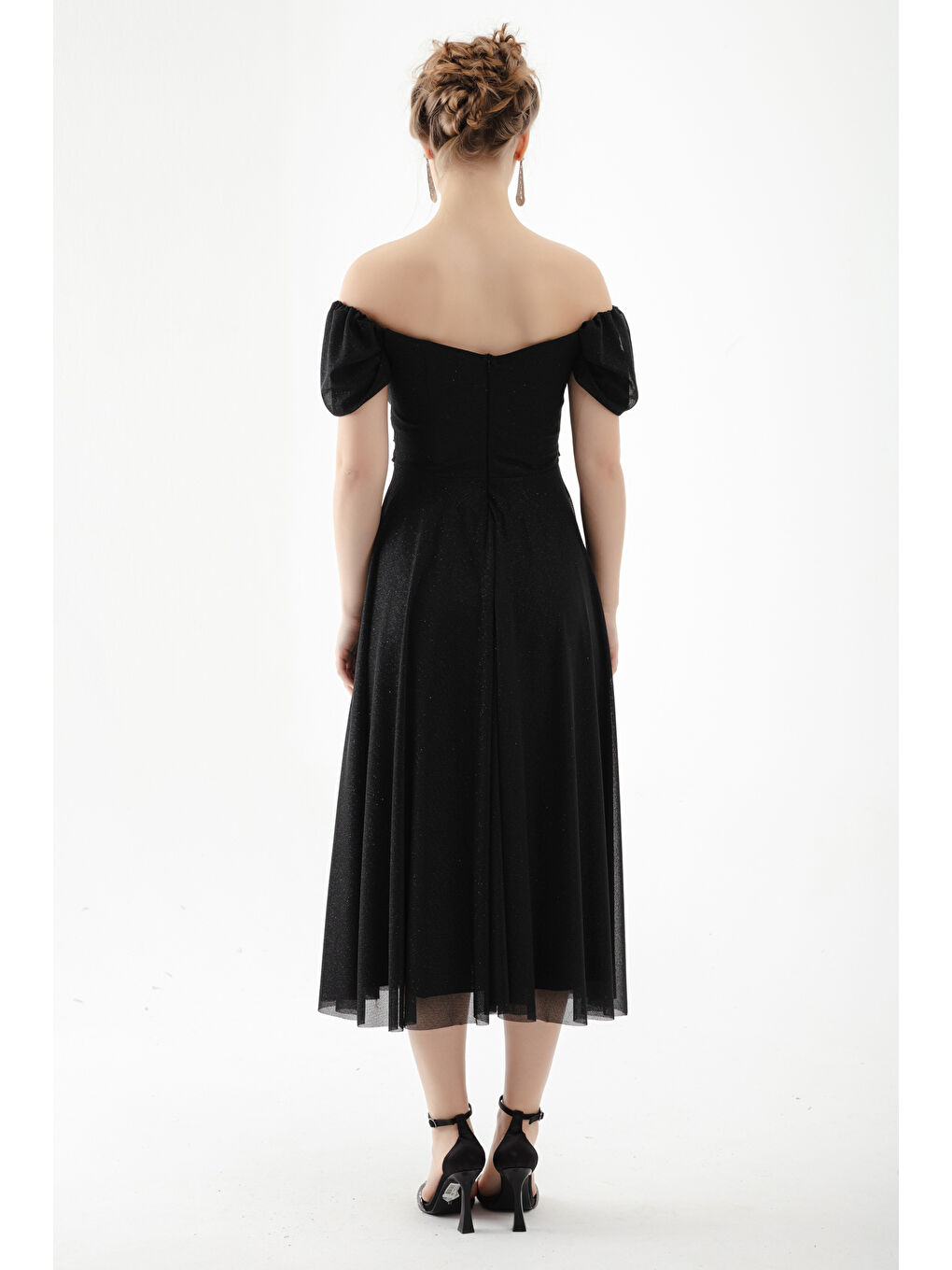 Kadın Siyah Kayık Yaka Drapeli Midi Kloş Abiye Elbise-4