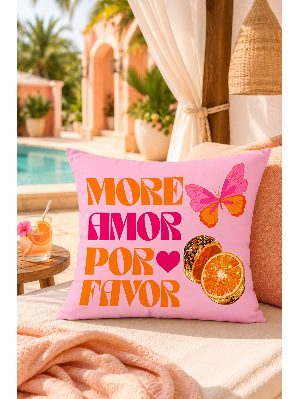 Fuşya More Amor Por Favor Pembe Kelebek Desenli Dekoratif Kırlent Kılıfı Yazlık 43x43 Cm-2