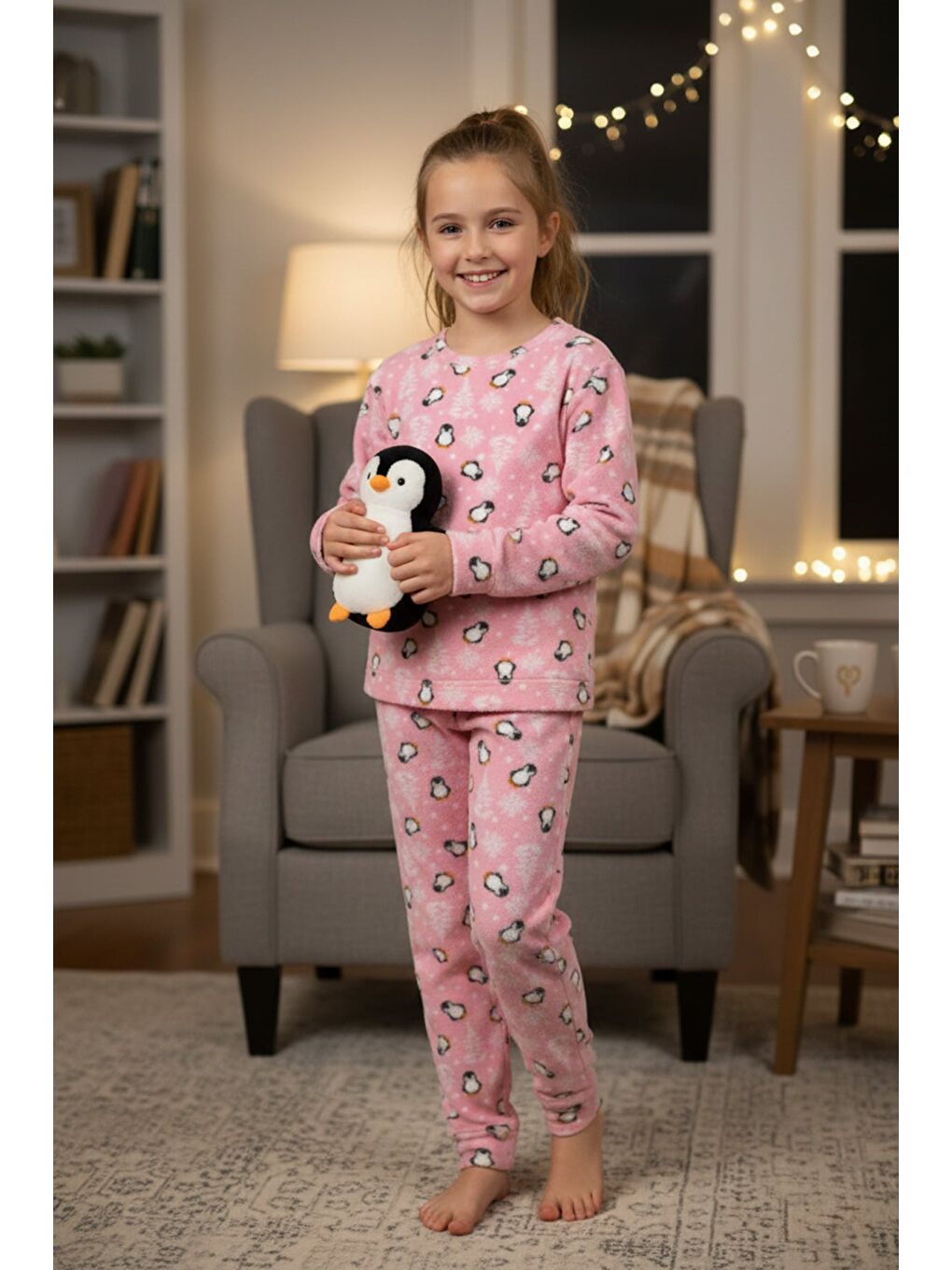 Pembe Penguen Desenli Polar Unisex Çocuk Pijama Takımı