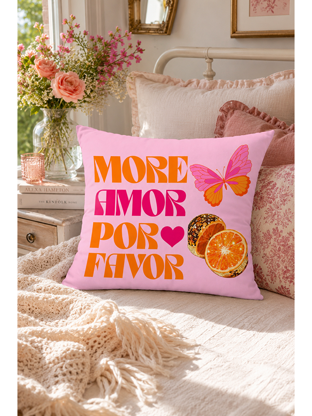 Fuşya More Amor Por Favor Pembe Kelebek Desenli Dekoratif Kırlent Kılıfı Yazlık 43x43 Cm-3