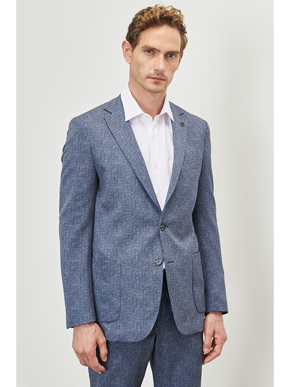 Erkek Mavi Slim Fit Dar Kesim Mono Yaka Seyahat Çantalı Desenli Takım Elbise-1