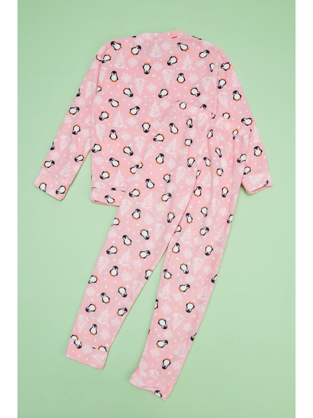 Pembe Penguen Desenli Polar Unisex Çocuk Pijama Takımı-3