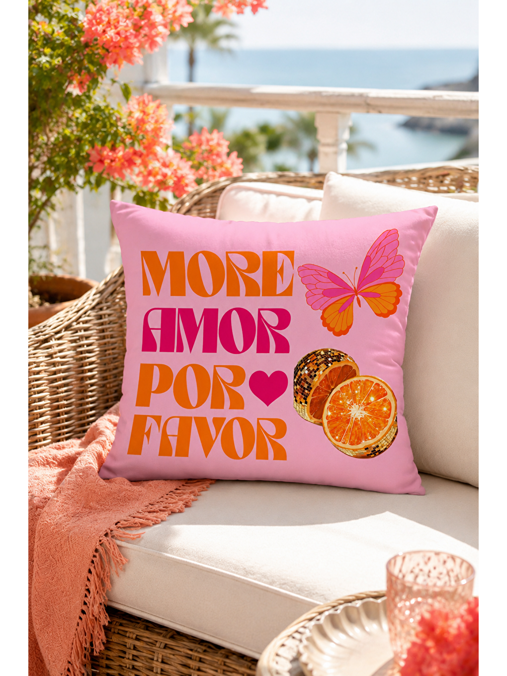 Fuşya More Amor Por Favor Pembe Kelebek Desenli Dekoratif Kırlent Kılıfı Yazlık 43x43 Cm-4