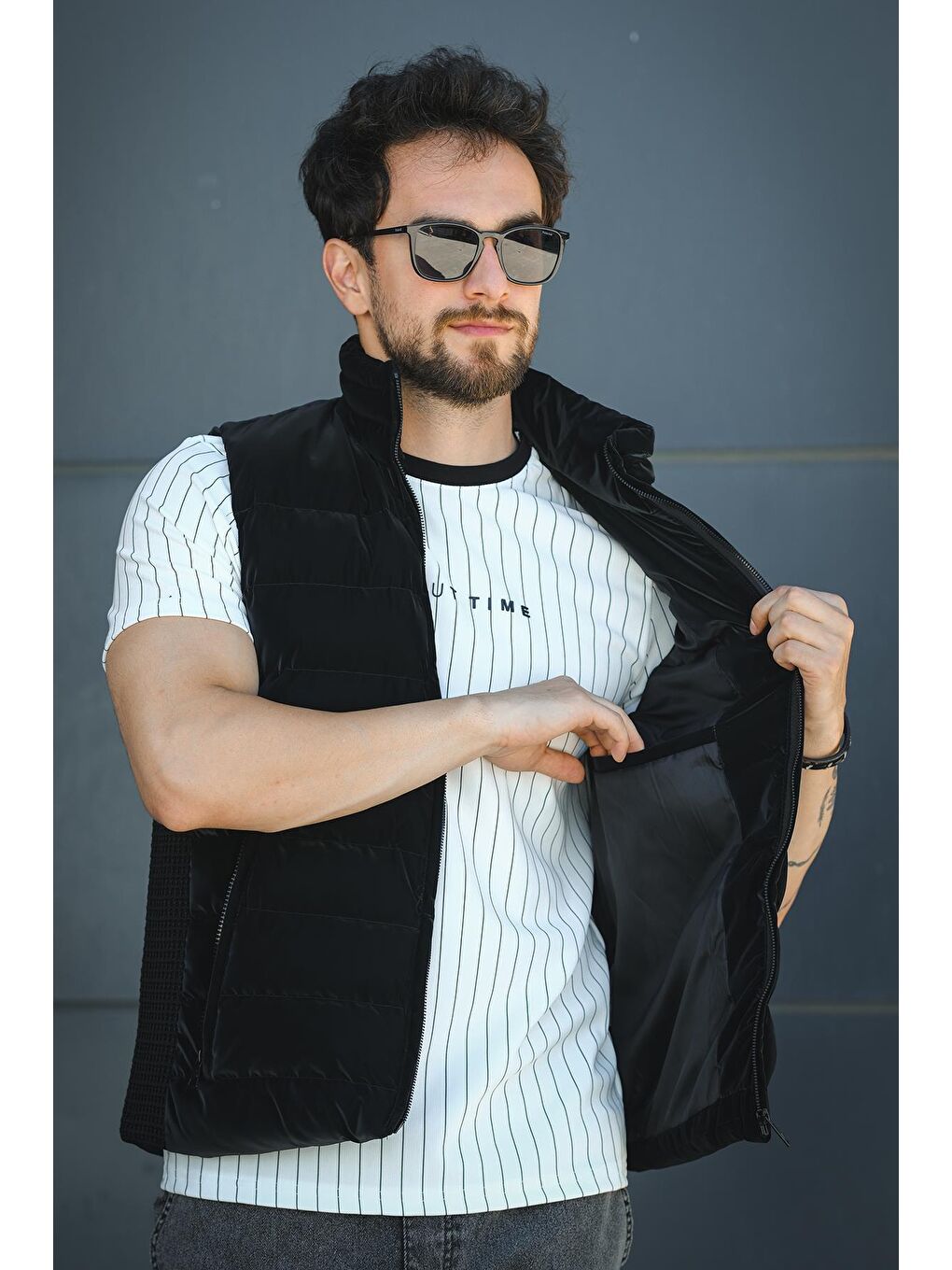 Siyah Lordy Örgü Detaylı Cepli Dik Yaka Nova Parlak Kumaş Erkek Şişme Yelek-2