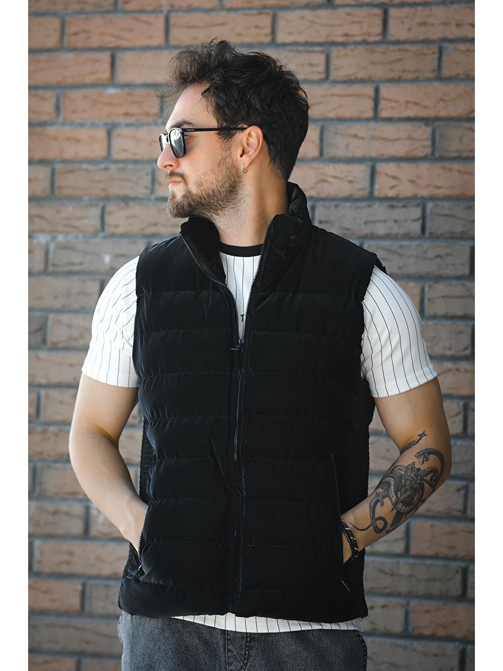 Siyah Lordy Örgü Detaylı Cepli Dik Yaka Nova Parlak Kumaş Erkek Şişme Yelek-3