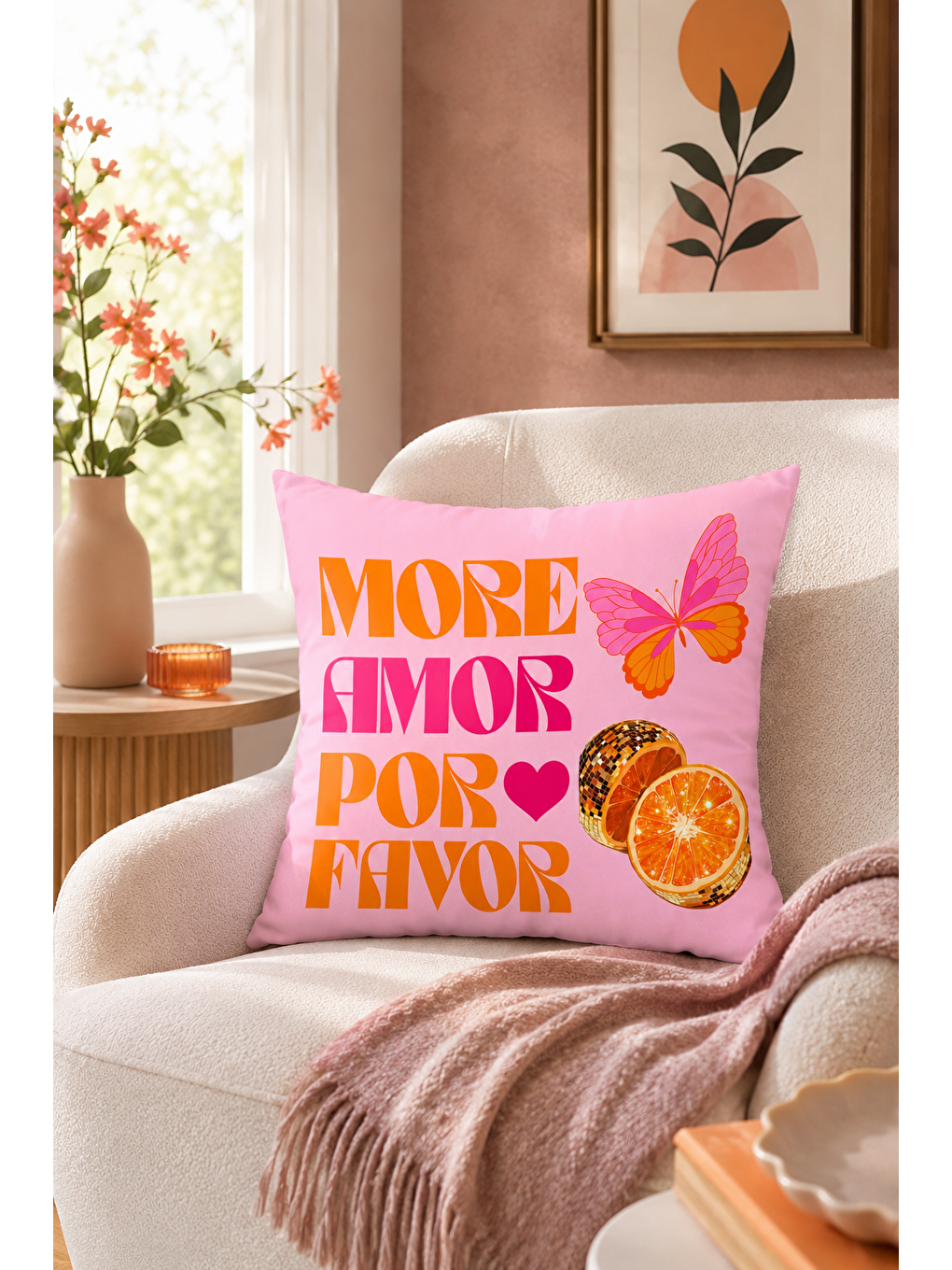 Fuşya More Amor Por Favor Pembe Kelebek Desenli Dekoratif Kırlent Kılıfı Yazlık 43x43 Cm-5