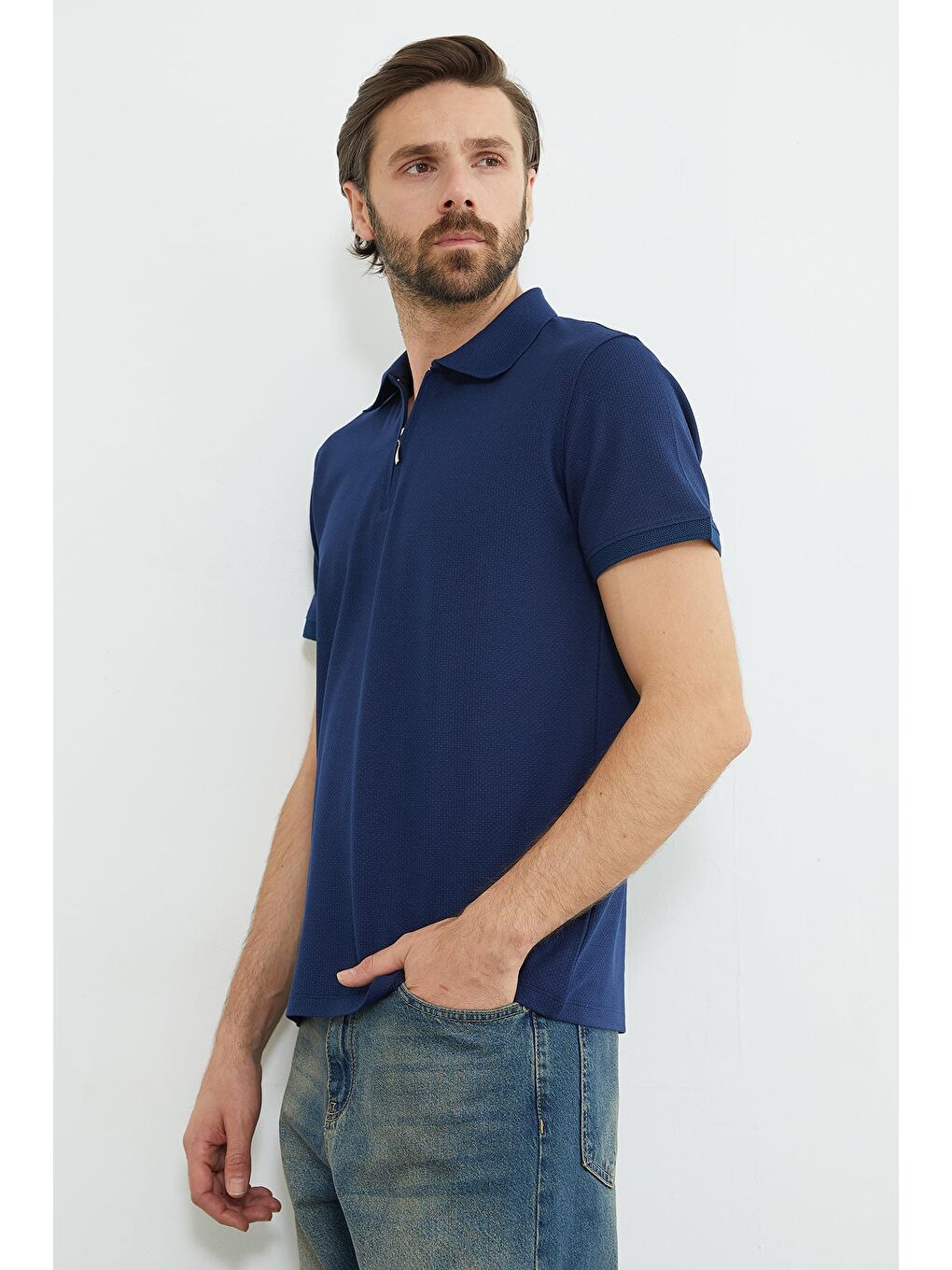Lacivert Yarım Fermuarlı Petek Kumaş Polo Yaka Tişört-1