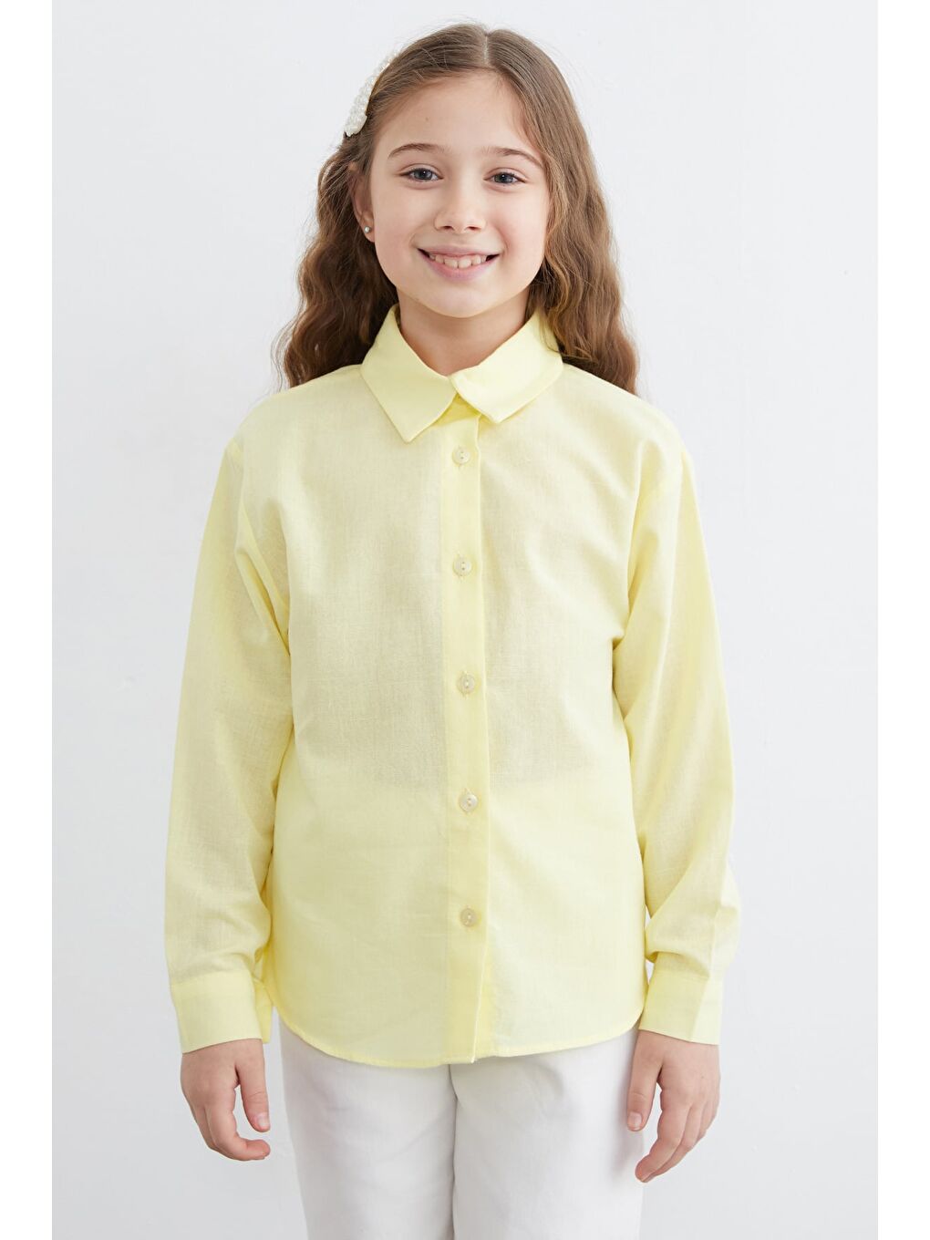 Sarı %100 Pamuk Flamlı Kız Çocuk Gömlek