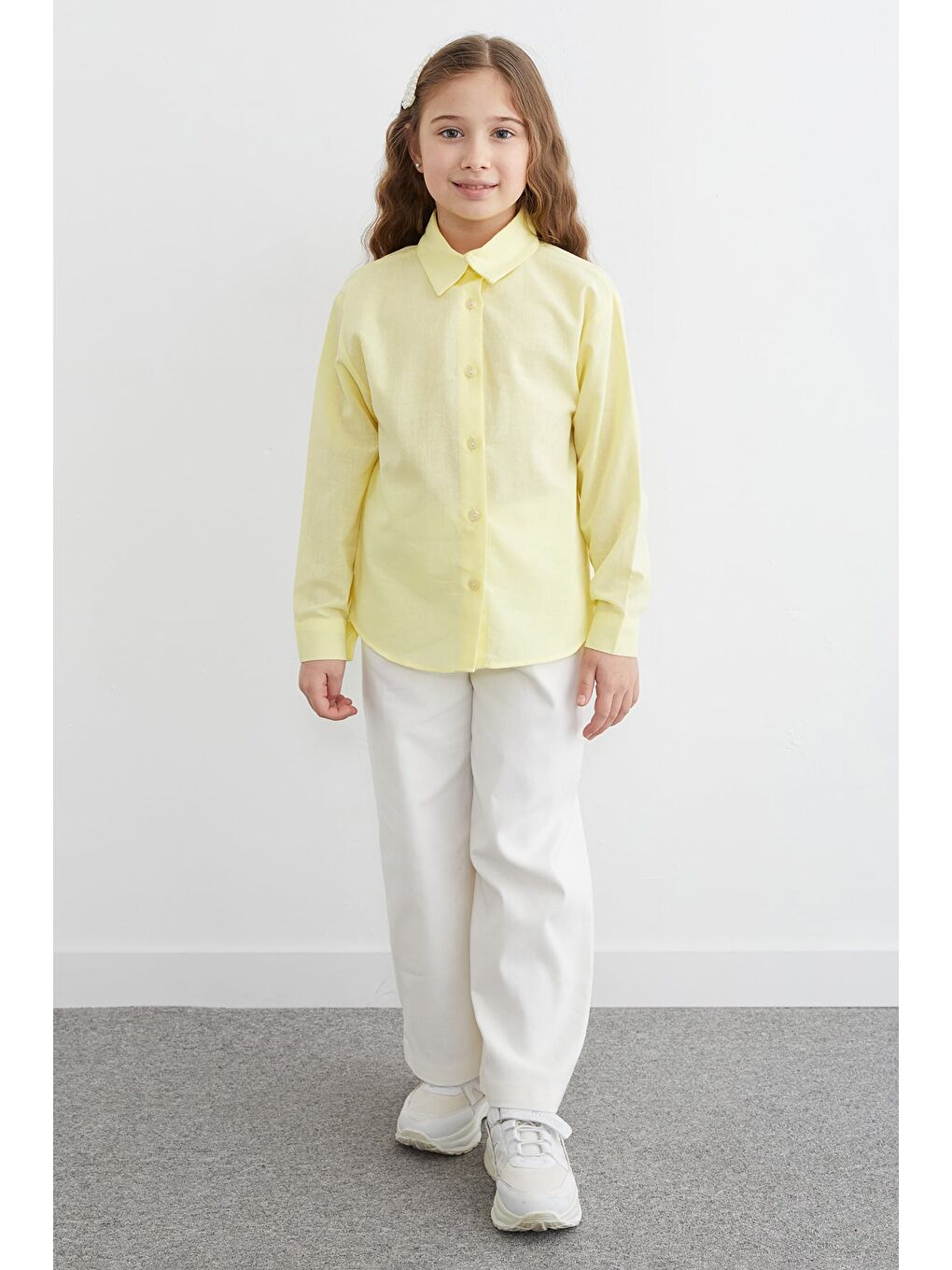 Sarı %100 Pamuk Flamlı Kız Çocuk Gömlek-1