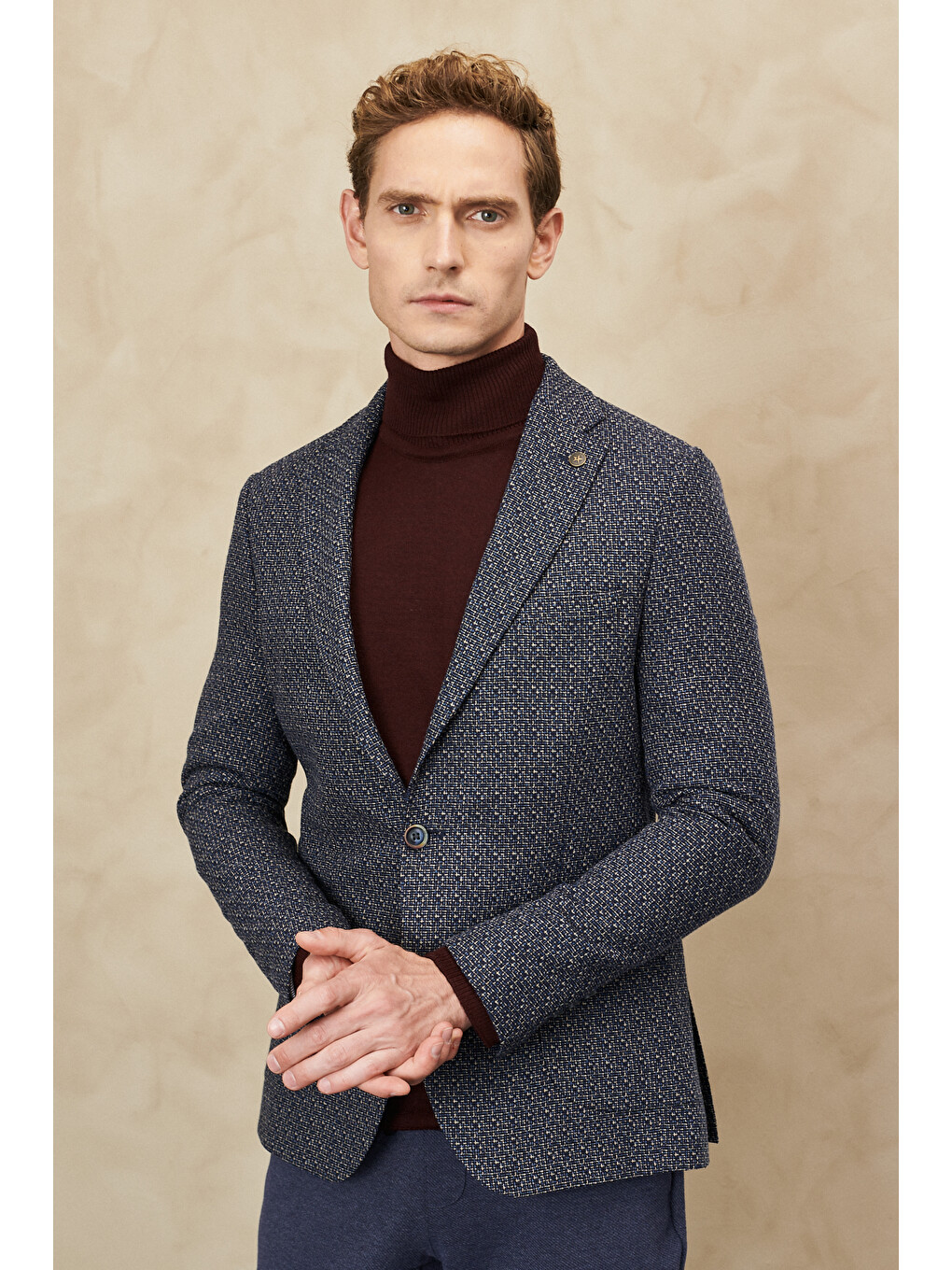 Erkek Lacivert-bej Slim Fit Dar Kesim Mono Yaka Desenli Yünlü Ceket