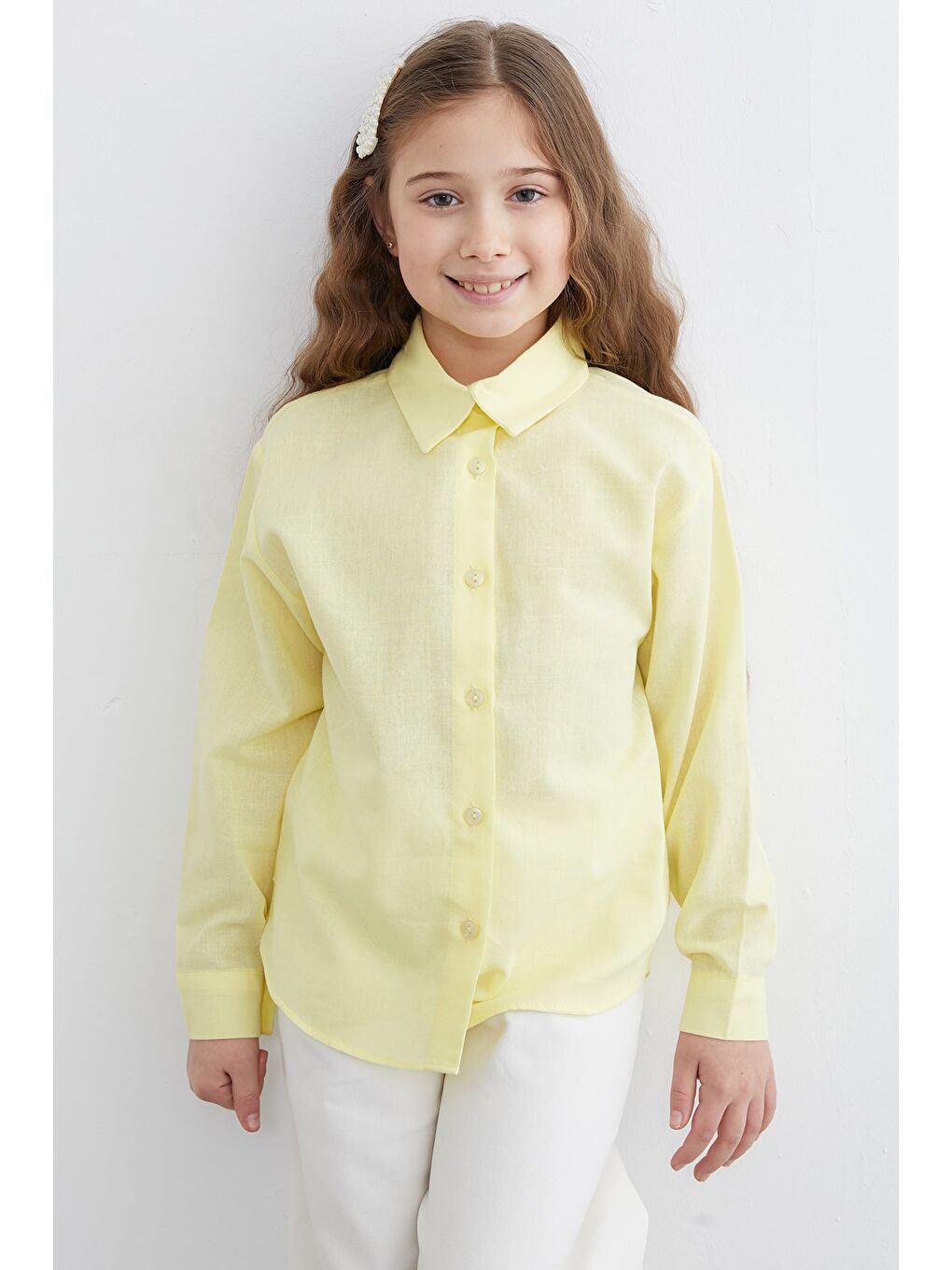 Sarı %100 Pamuk Flamlı Kız Çocuk Gömlek-2