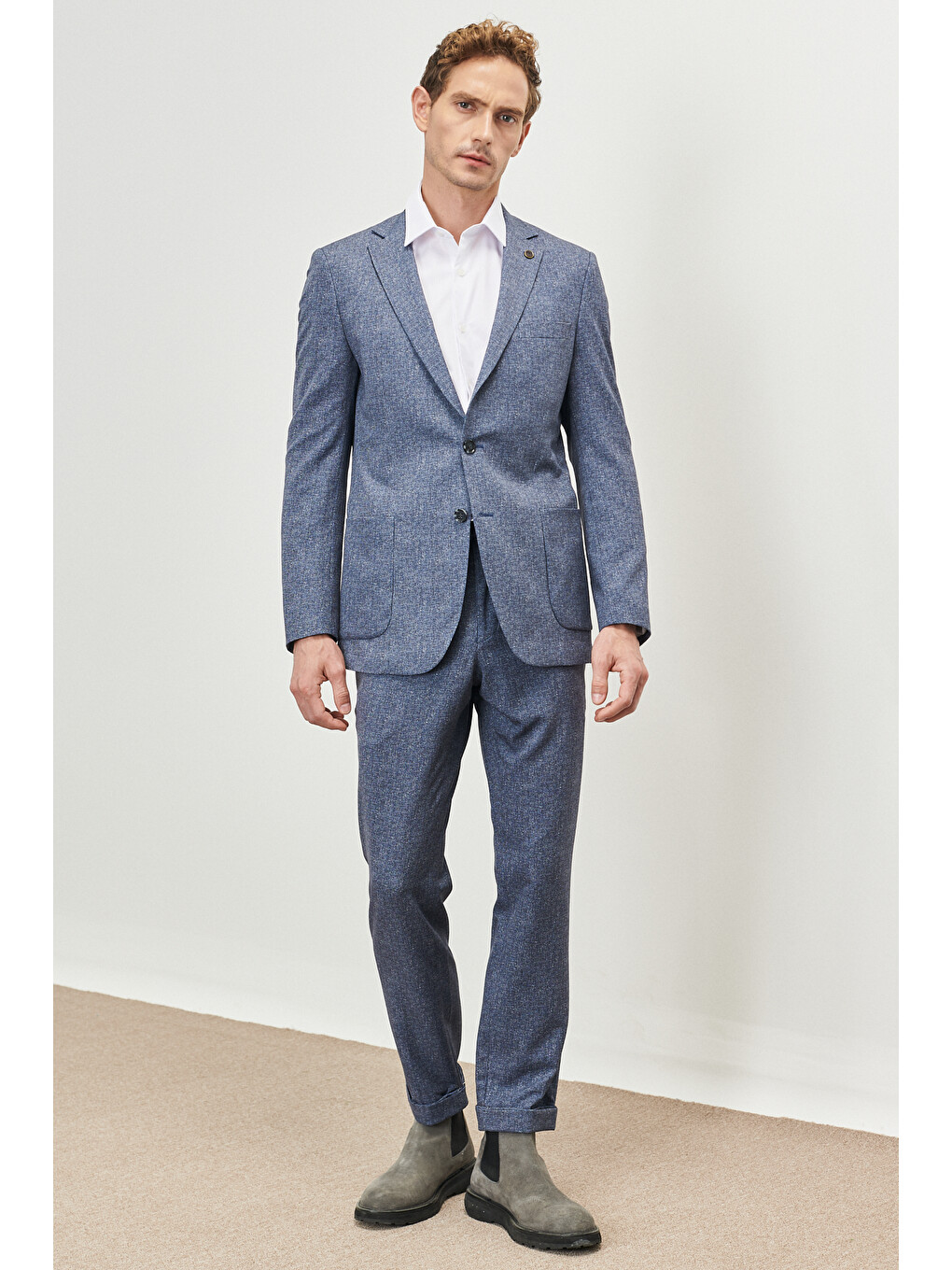 Erkek Mavi Slim Fit Dar Kesim Mono Yaka Seyahat Çantalı Desenli Takım Elbise-2