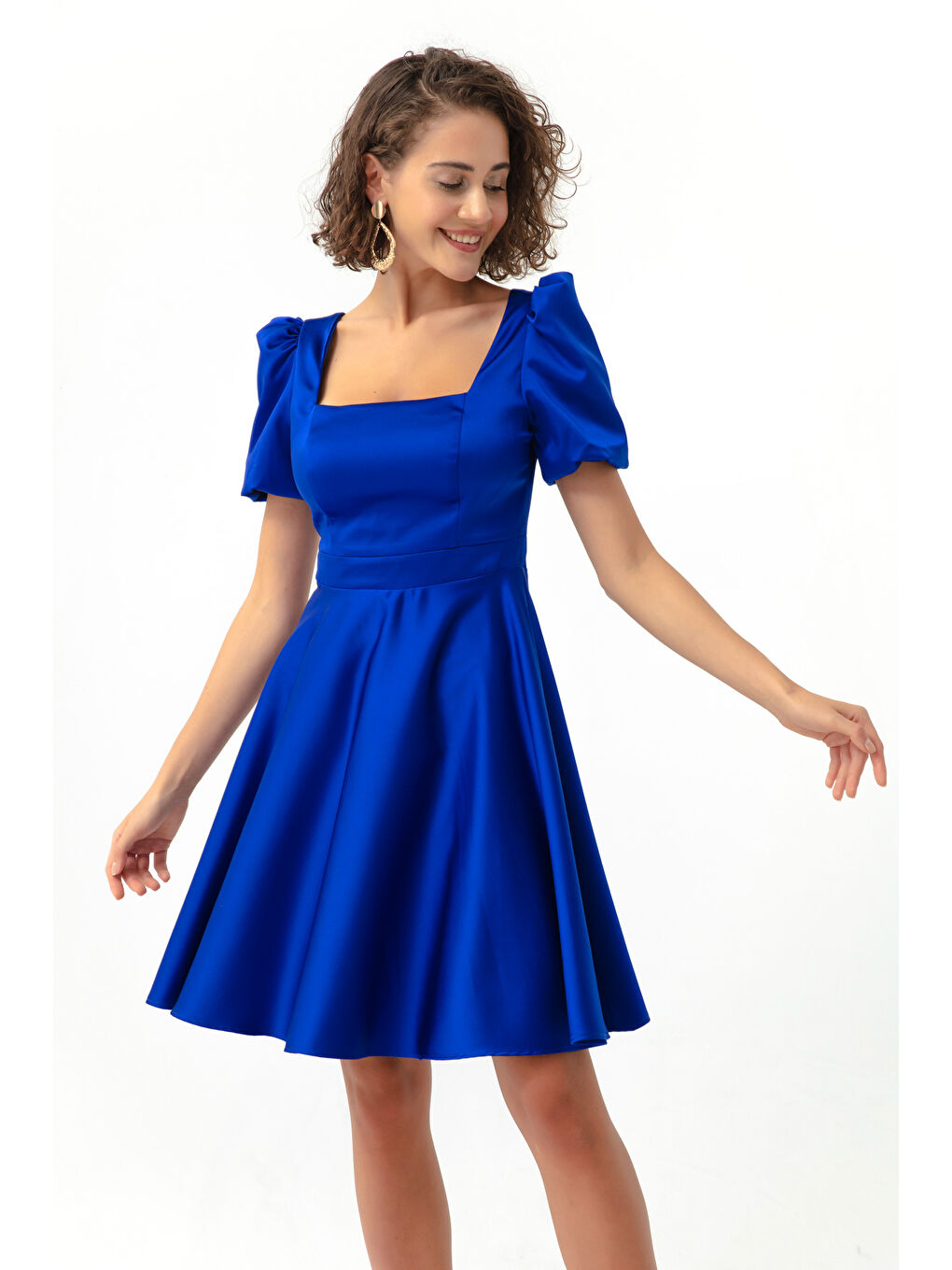 Mavi Kadın Saks Balon Kol Kloş Kesim Mini Saten Abiye Elbise-1