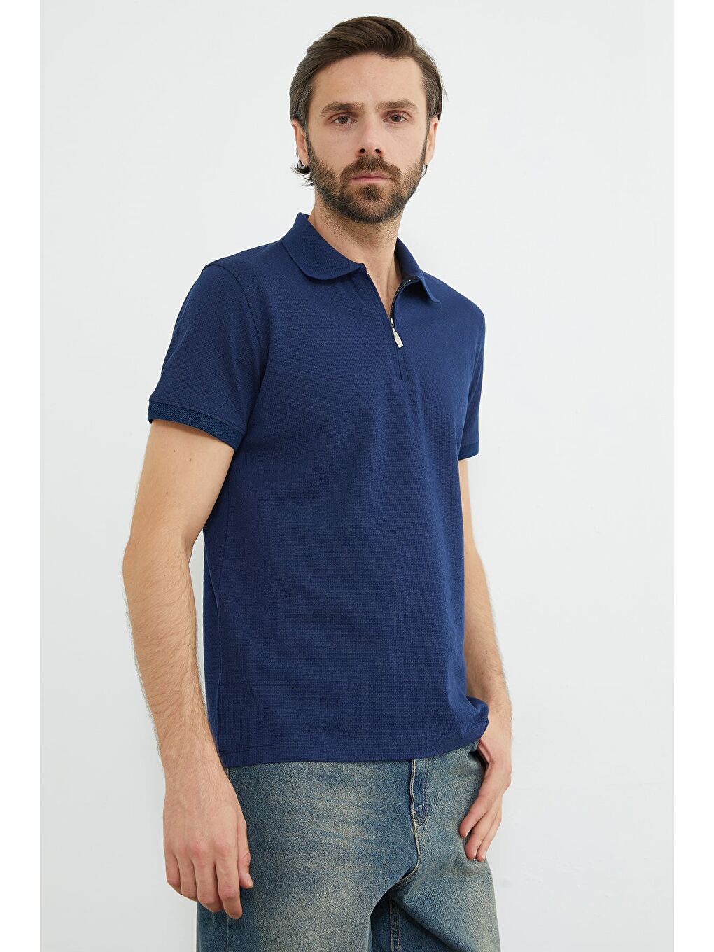 Lacivert Yarım Fermuarlı Petek Kumaş Polo Yaka Tişört-2