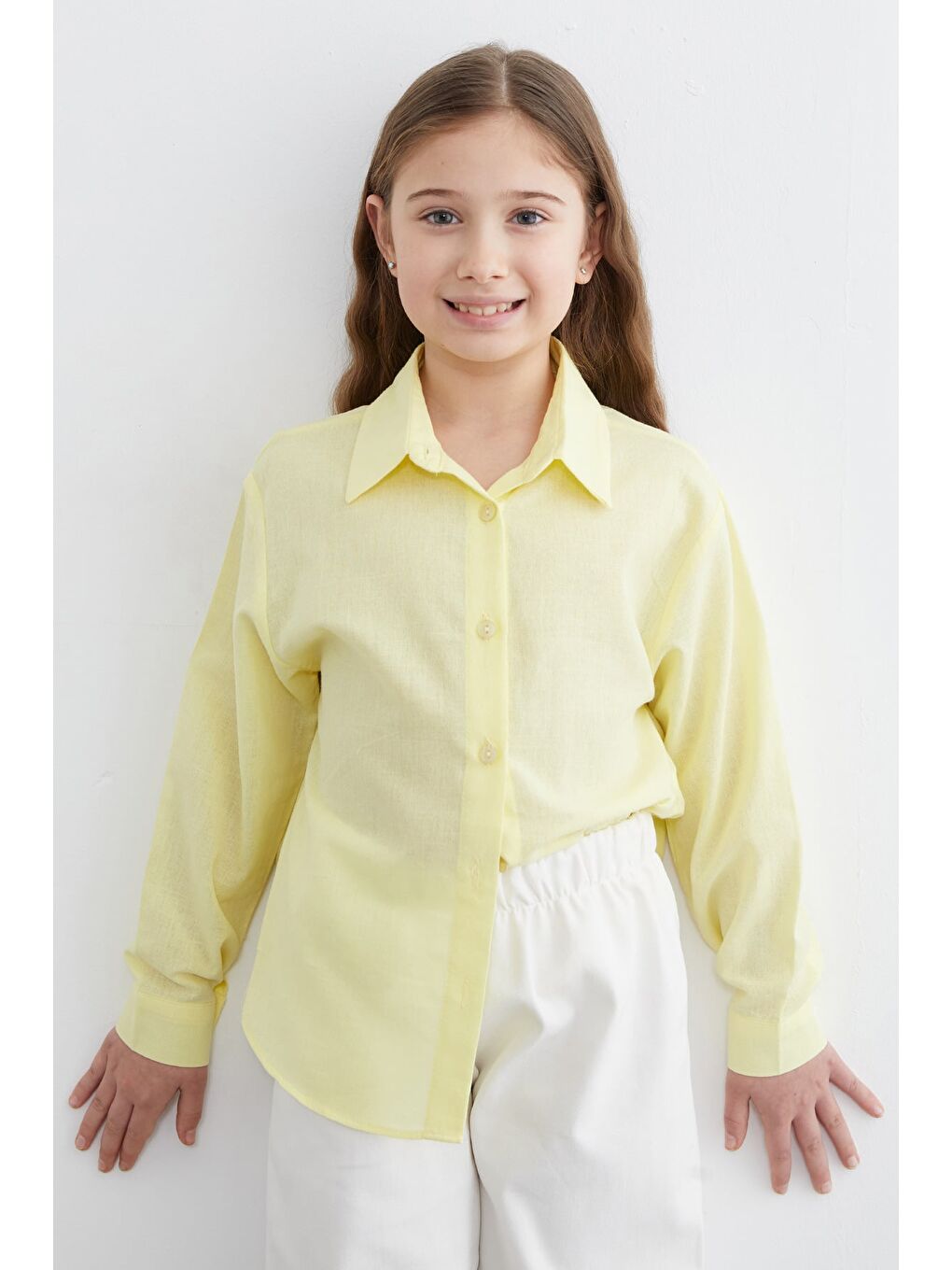Sarı %100 Pamuk Flamlı Kız Çocuk Gömlek-4