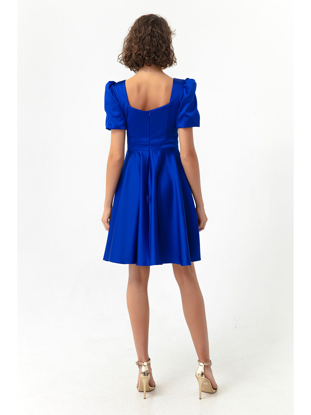 Mavi Kadın Saks Balon Kol Kloş Kesim Mini Saten Abiye Elbise-4