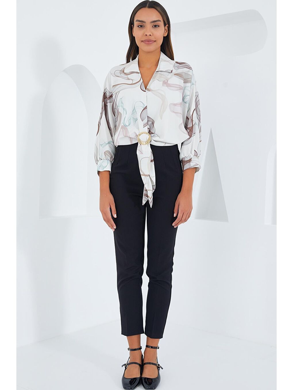 Kadın Kahverengi Ekru Oversize Dökümlü Saten Gömlek 907-2