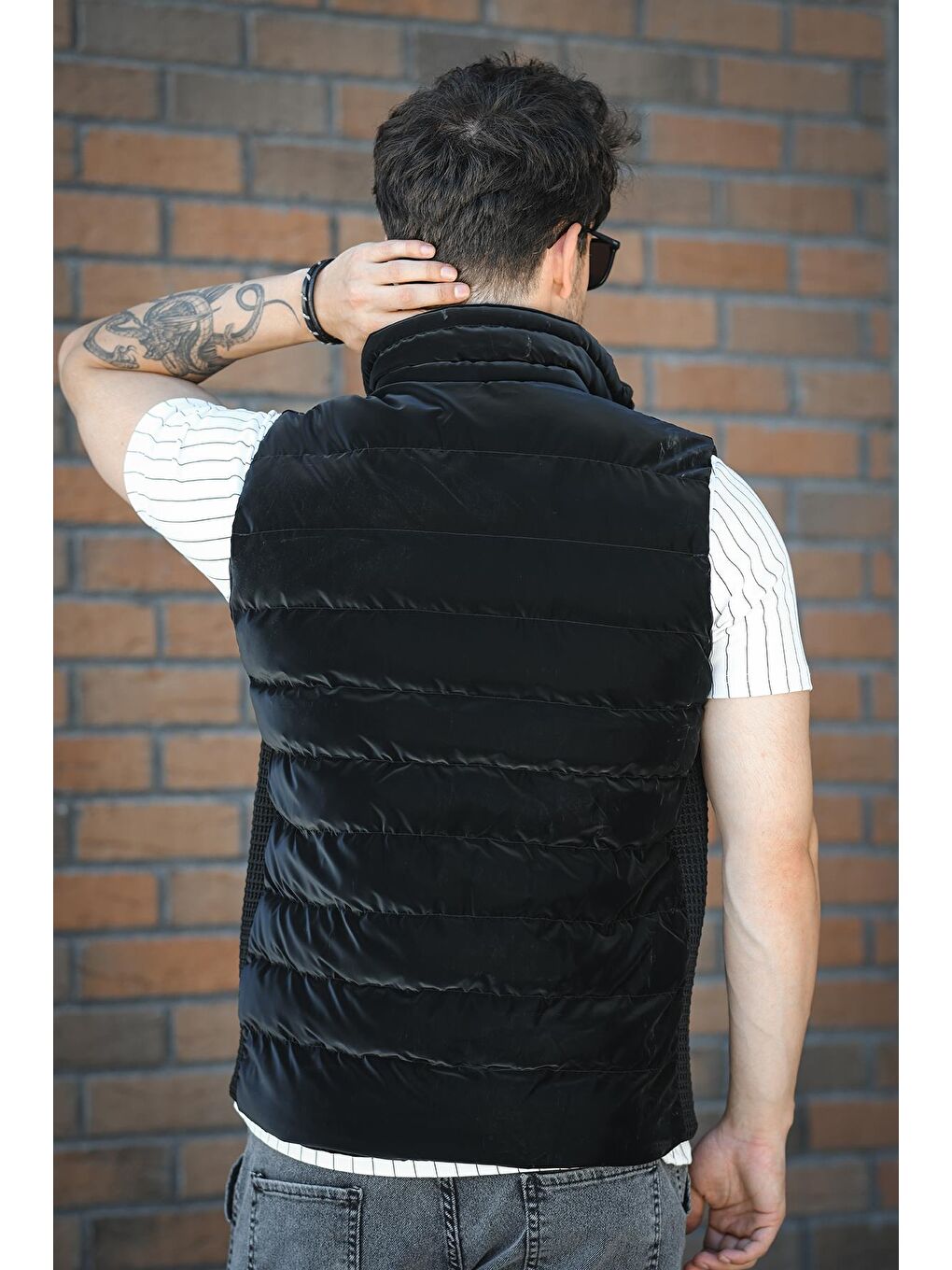 Siyah Lordy Örgü Detaylı Cepli Dik Yaka Nova Parlak Kumaş Erkek Şişme Yelek-5