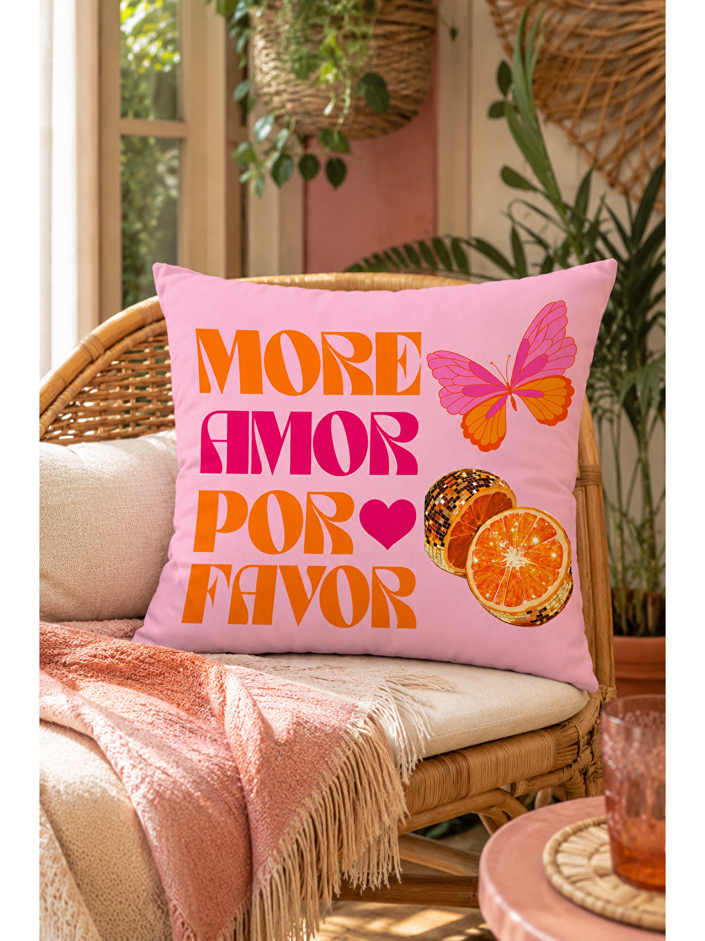 Fuşya More Amor Por Favor Pembe Kelebek Desenli Dekoratif Kırlent Kılıfı Yazlık 43x43 Cm-7