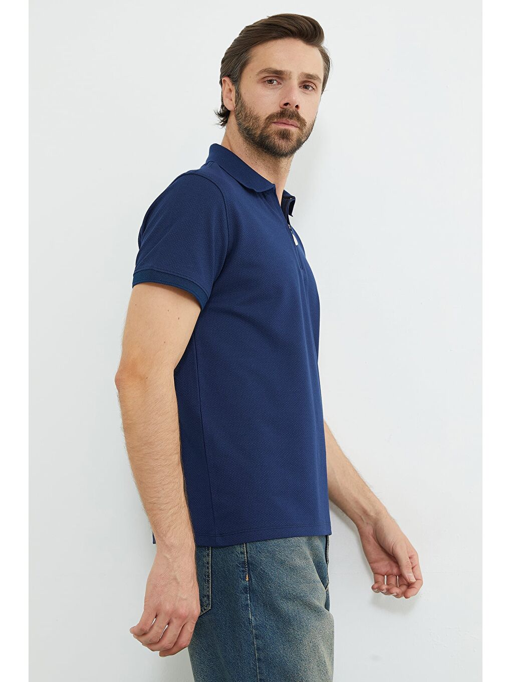 Lacivert Yarım Fermuarlı Petek Kumaş Polo Yaka Tişört-3