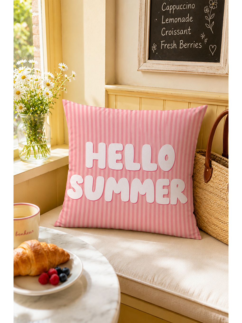Beyaz Hello Summer Pembe Çizgili Yazı Baskılı Dekoratif Kırlent Kılıfı Yazlık Dekor 43x43 Cm-2