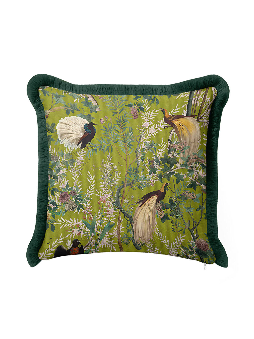 Karışık Tropikal Kuşlar Saçaklı Yastık Kılıfı - Vintage Doğa Botanik Yeşil Püsküllü Kırlent Kılıfı-1