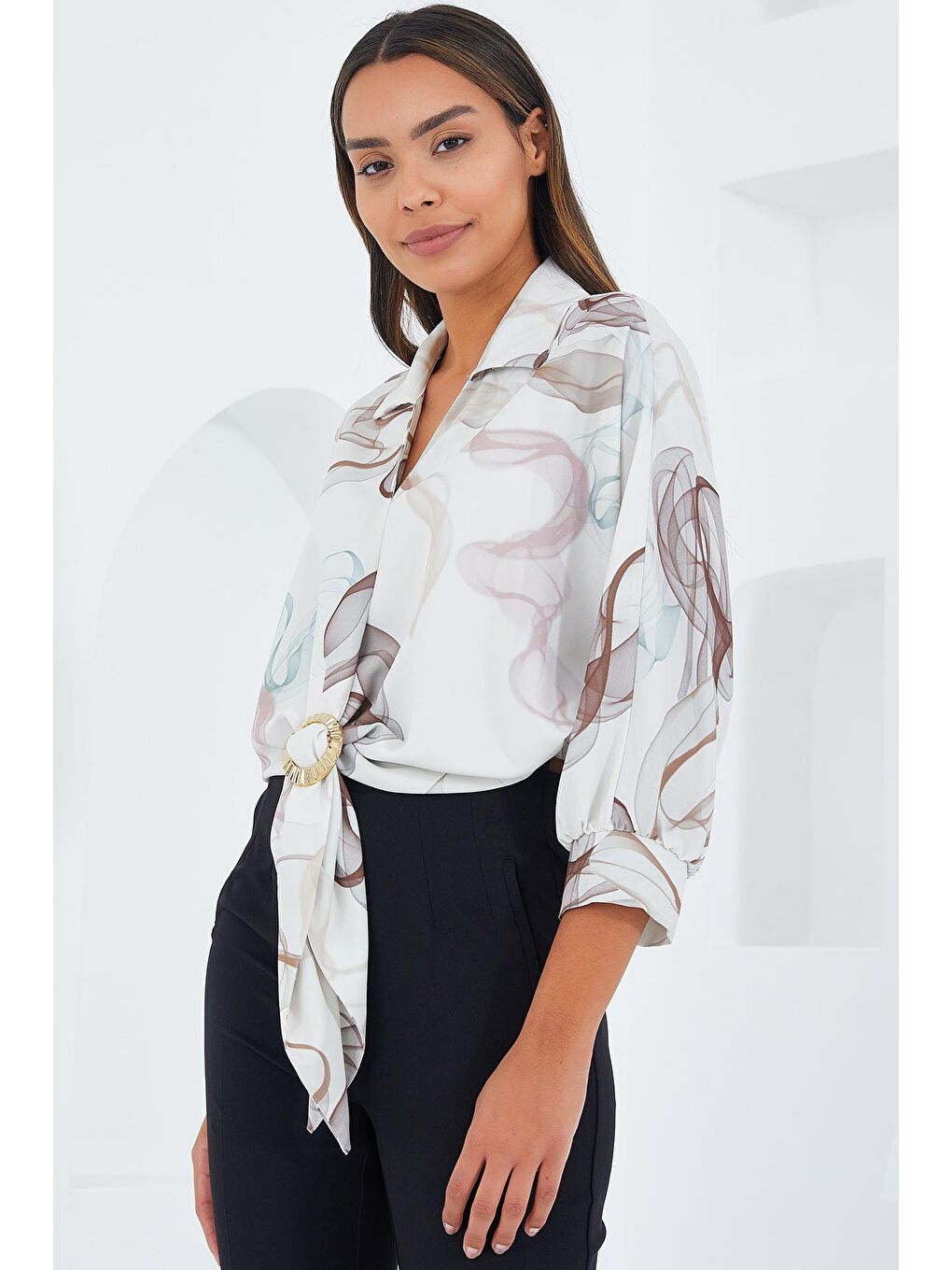 Kadın Kahverengi Ekru Oversize Dökümlü Saten Gömlek 907-3