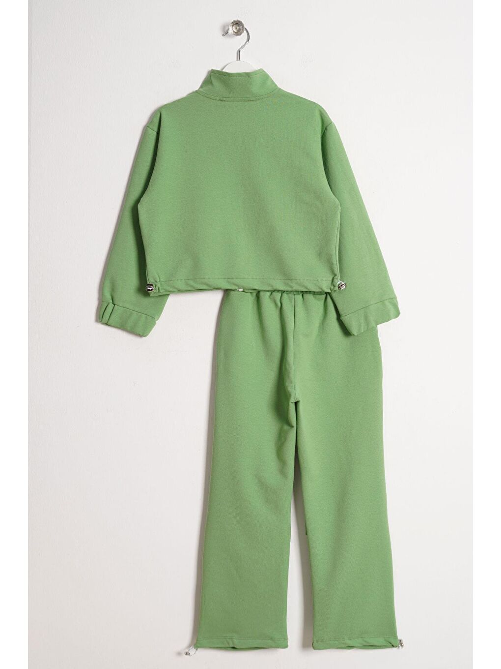 Fermuarlı Beli ve Paçası Büzgülü Lastik Detaylı Yeşil Renk Kız Çocuk Eşofman Takım-2